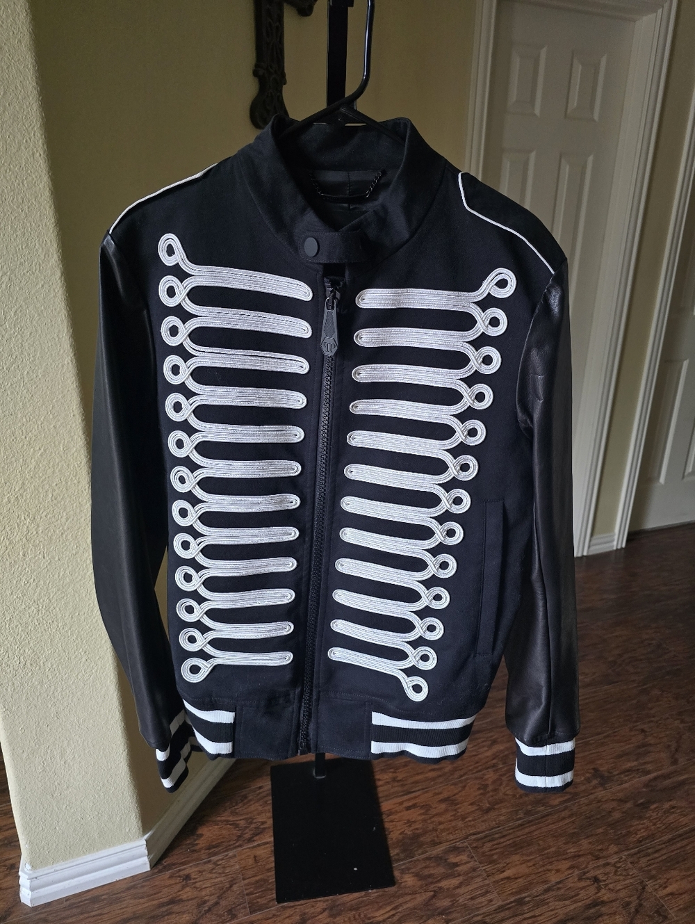 Philipp Plein Men's Black Military-Style Bomber Jacket/ White Embroidery Size M